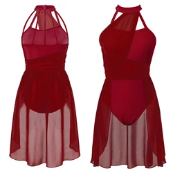 Adult Women Contemporary Lyrical Dance Dress Costumes Ruched Chiffon Patchwork Dance Ballet Leotard Dress Ballerina Dancewear