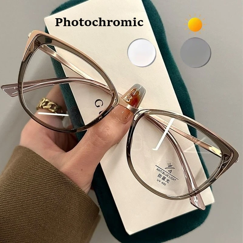 Modische Ultraleichte Klassische Vintage Photochrome Brille Metall-Cateye-Rahmen für Männer und Frauen Chamäleon Blaulichtfilter-Brillen – Detail 1