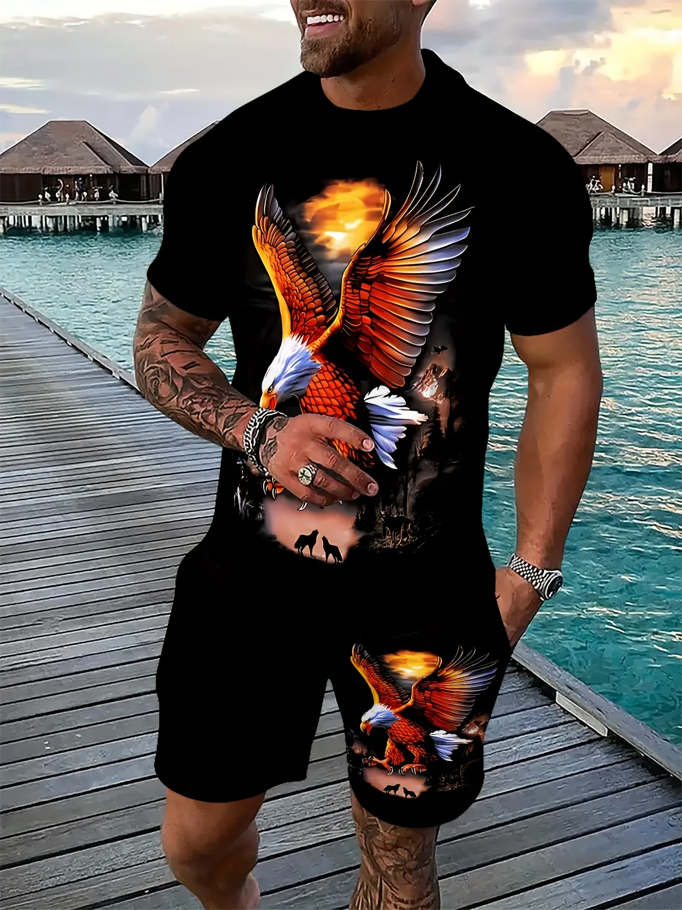 New 3D Dragon Print Summer Men's Short-Sleeve Set Stylish Streetwear Short-Sleeve Top & Shorts Black & White Casual Set 6XL