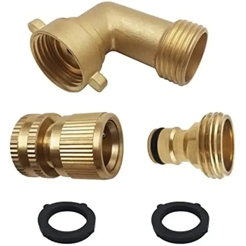 2PC Solid Brass Garden Hose Adapter 3/4 Inch 90 Degree Elbow Connector  and 3/4 Inch Hose Quick Connector