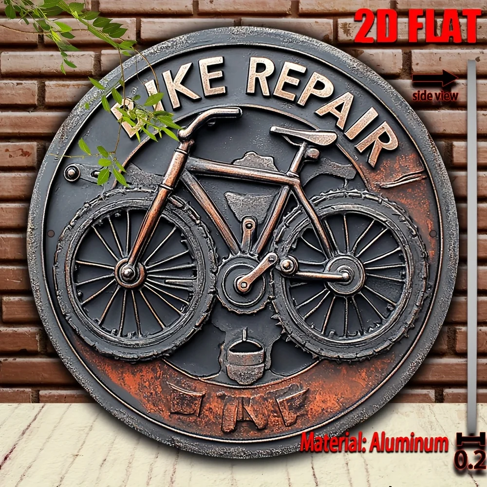 2D Flat Bike Repair Metal Wall Art - Vintage Aluminum Sign with Bicycle Design, Ideal for Home, Office, or Outdoor Decor