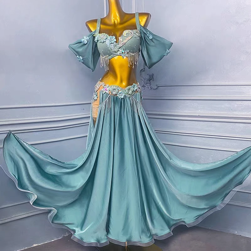 Vestido de dança do ventre personalizado, conjunto rosa e verde de alta qualidade, corrente de flores, samba americano, feminino, palco adulto, roupas profissionais