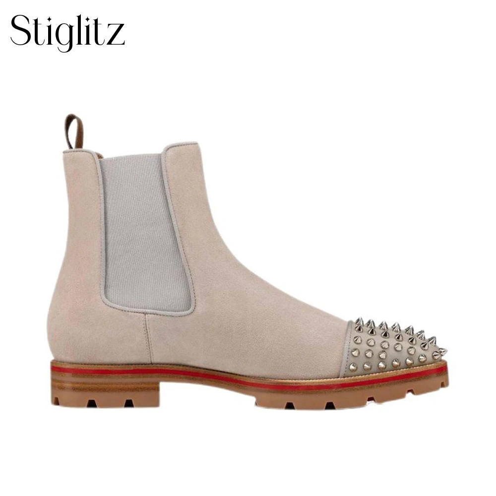 

Spikes Calfskin Booties Leather Suede Stretch Boots for Men Luxury Designer Style Ankle Boots Metallic Rivet Toe Slip-On Booties