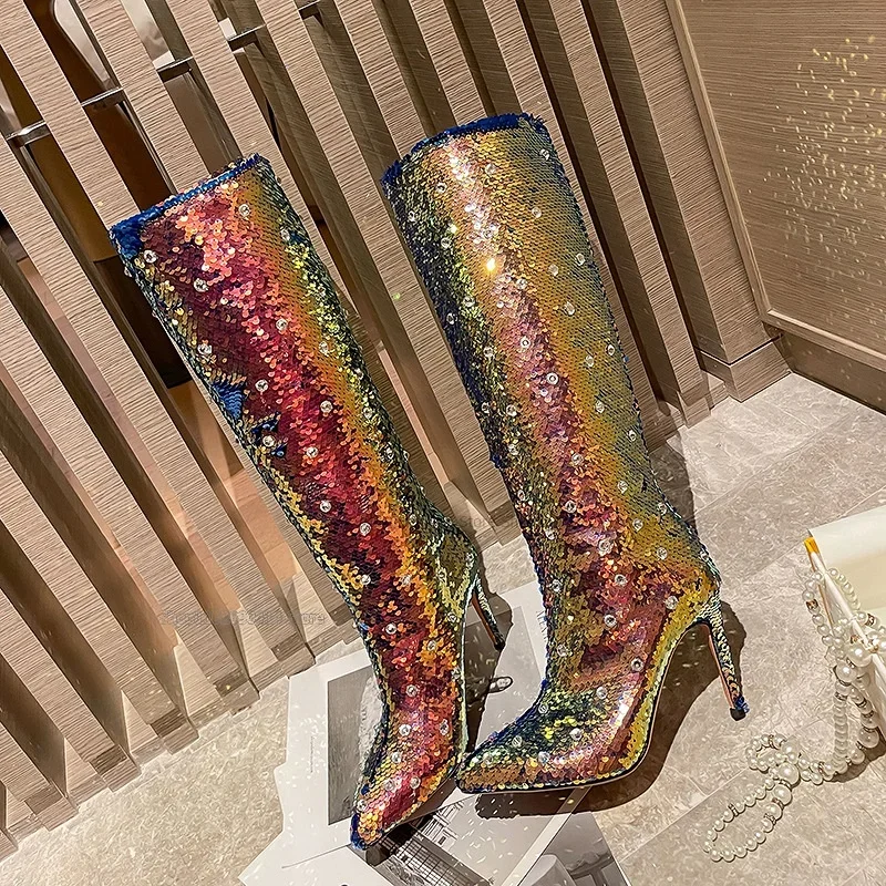 

Mixed Color Bling Pointed Toe Boots Over The Knee Women Shoes Thin High Heels Novel Fashion Sexy Lady 2023 Zapatos Para Mujere