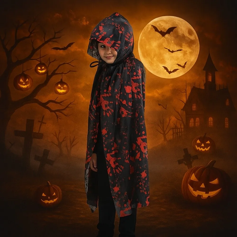 Kostium na Halloween z plamą krwi, rekwizyty cosplay, zabawny płaszcz na Halloween w kratę z czapką, ciemna peleryna z pajęczyny na imprezę, Dzień Wszystkich Świętych