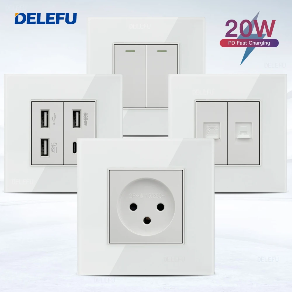 

DELEFU Glass A18 Panel 86mm White Israeli Standard USB C-type Fast Charging Wall Socket Switch TV Phone CAT5 CAT6