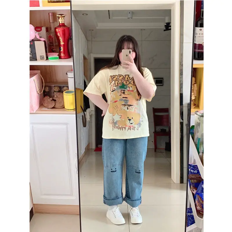 

Женские джинсы больших размеров, свободные, прямого кроя, с высокой талией, на резинке, повседневные, широкие, длинные брюки, летние, для работы, в корейском стиле