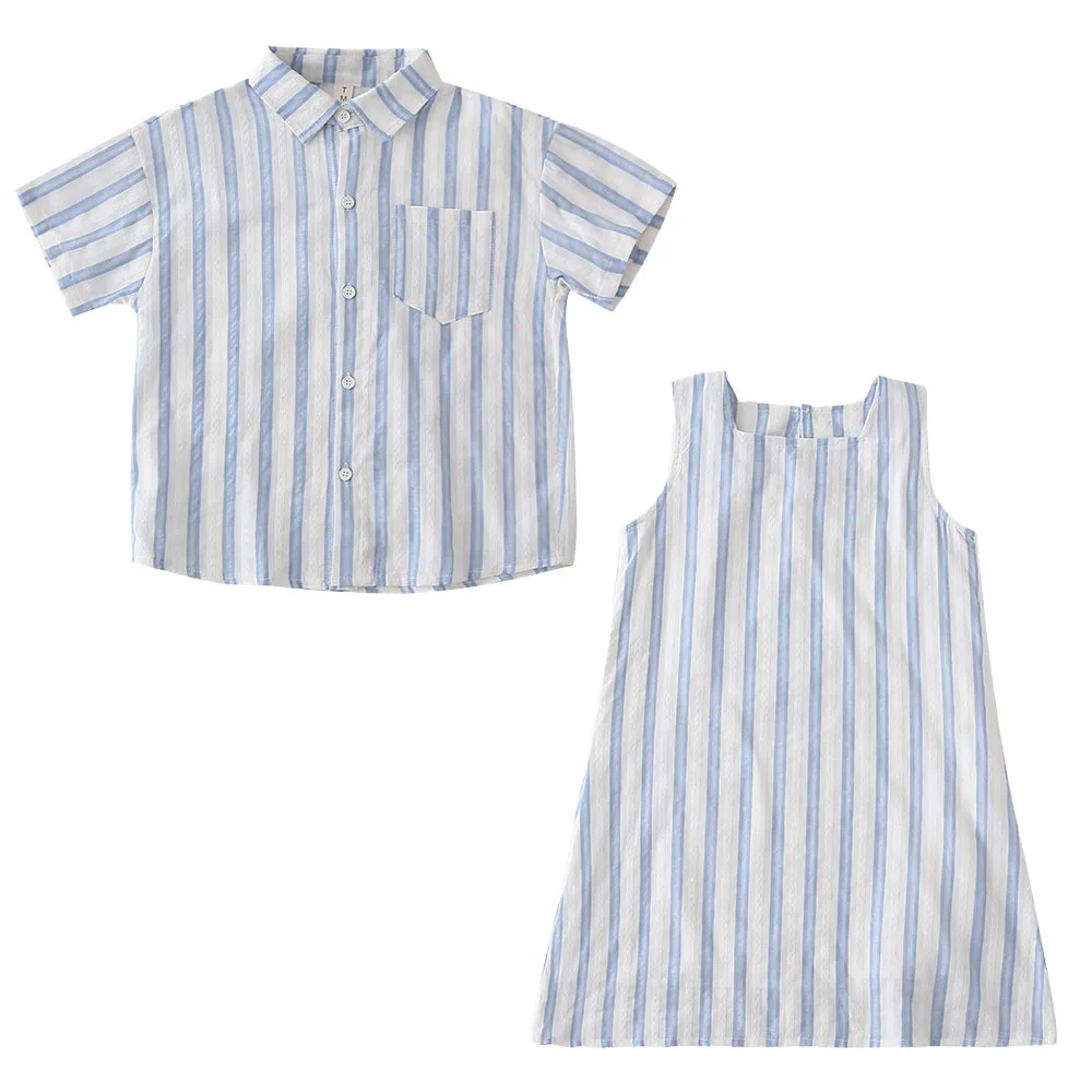 Summer Family Match Outfit Girl Dress Striped Woman Dresses Boy Shirt Man Shirt Mom Dad Kids Family Clothes Children Premium