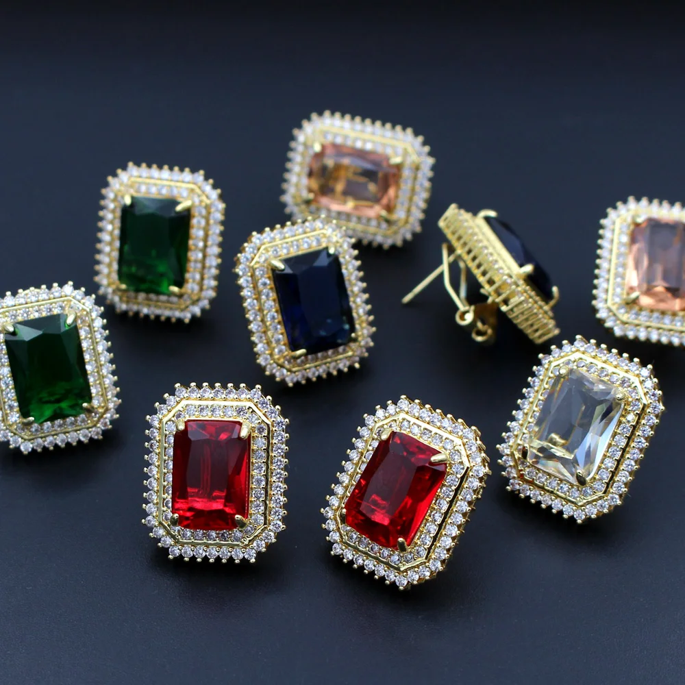 6pair Quality Colors Clear White Blue CZ Zircon Rectangle Earrings Post Silver Gold Plated Copper Studs For DIY Women Earrings