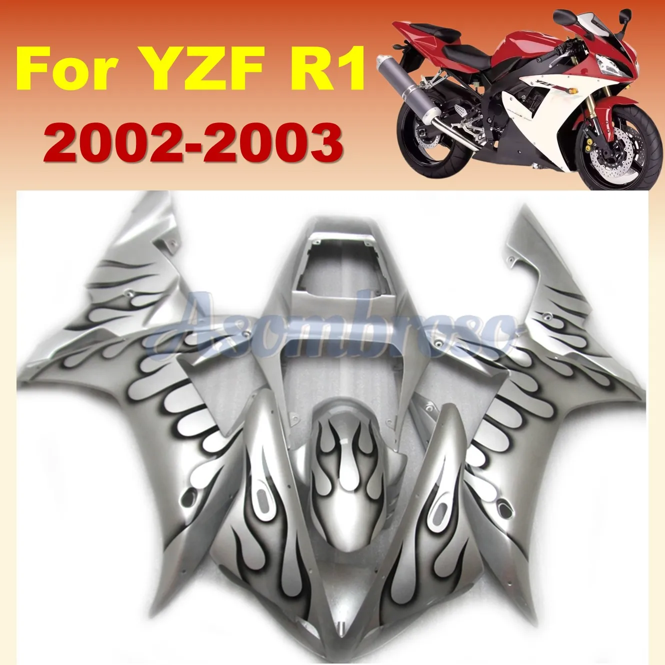 Premium Fairings kit Fit For Yamaha YZFR1 2002 2003 YZF R1 02 03 YZF1000 printed flame silvery bodykits