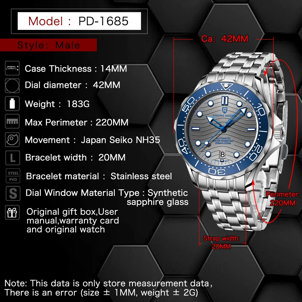 PAGANI DESIGN Orologi da uomo Orologi meccanici da uomo di fascia alta AR Cristallo di zaffiro Sport 200m Data di immersione Orologi da uomo luminosi