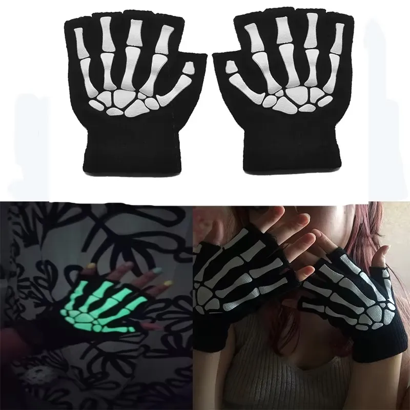 1/2/3/4 Paar leuchtende Totenkopf-Halbfingerhandschuhe, Halloween-Rollenspielhandschuhe, warme Strickhandschuhe für Herbst/Winter, elastische Handschuhe