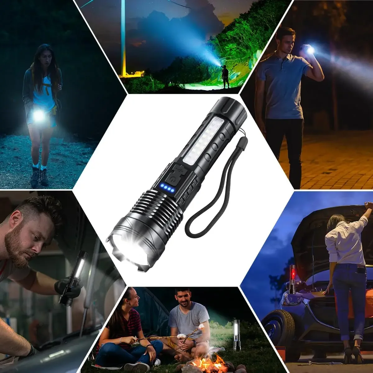 High Strong Power Led Zoom Flashlights Portable USB Rechargeable Tactical Light Emergency Spotlights with Power Display Torch