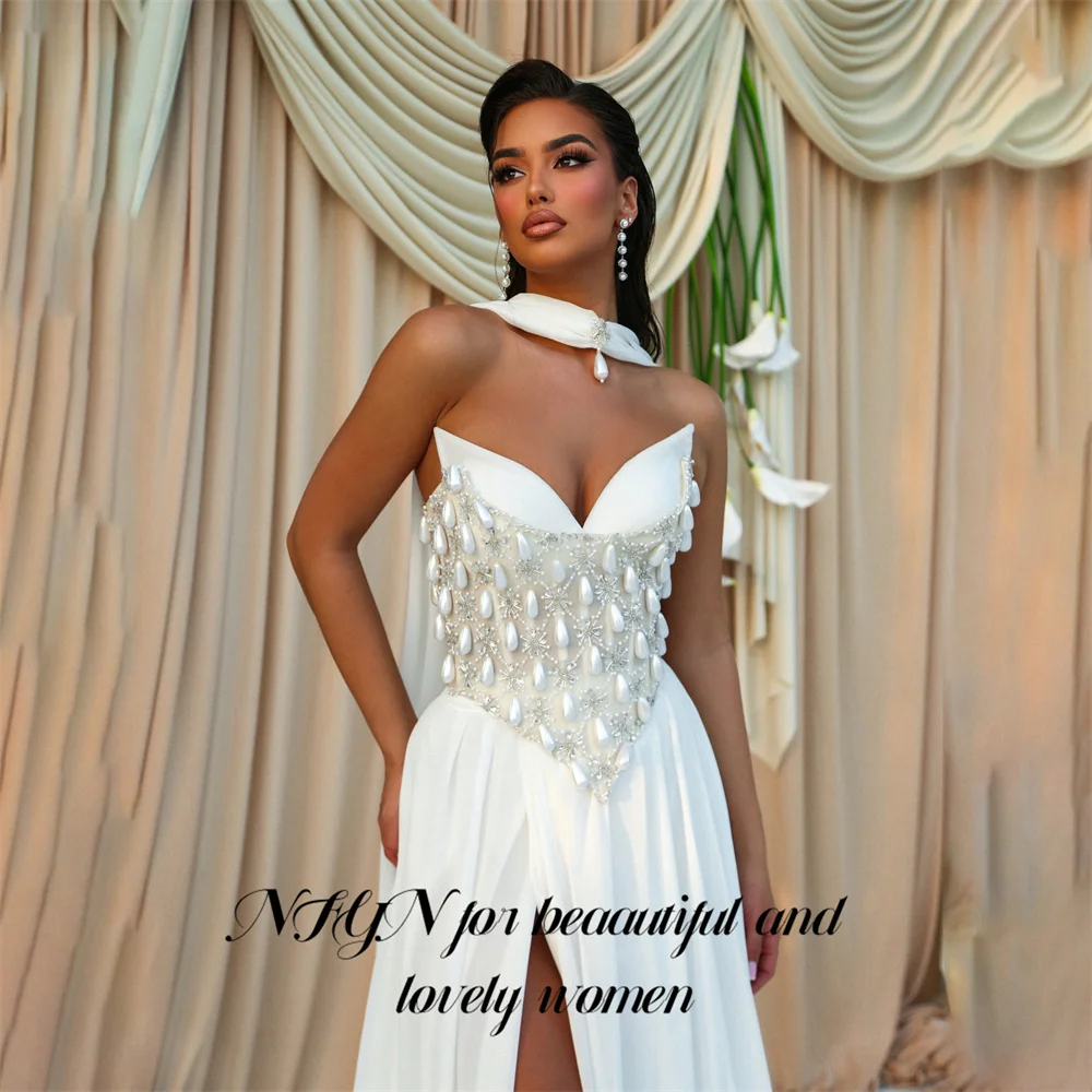 NFYN White Party Dresses Strapless Draped Neck Scarf Evening Dresses Beading On Chest Prom Gown A Line فساتين سهره Customized