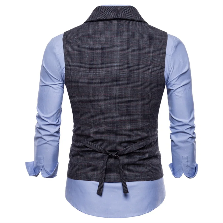 Business Suit Vest for Men Slim Fit Lapel Double Breasted Vests Male Dress Waistcoat Gilet Sleeveless Formal Plaid Jacket