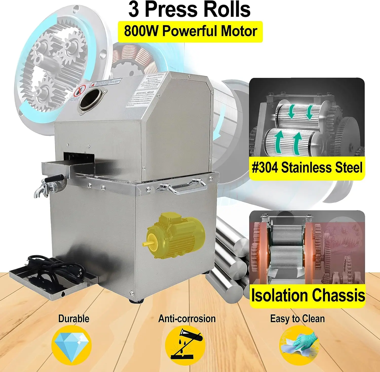 110 فولت الكهربائية قصب السكر عصارة الصحافة آلة قصب السكر مستخرج العصير الزنجبيل الحلو الذرة الصحافة مع 304 لفة من الفولاذ المقاوم للصدأ