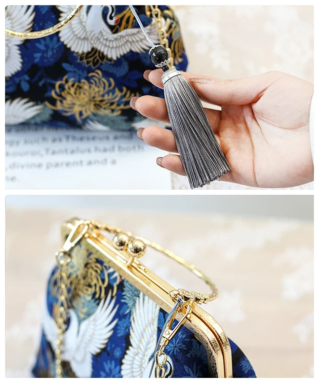 Female Oriental Chinese Traditional Fabric Clasp Pouch Handbag Women Fringed Phone Kisslock Evening Side Sling Bag for Hanfu