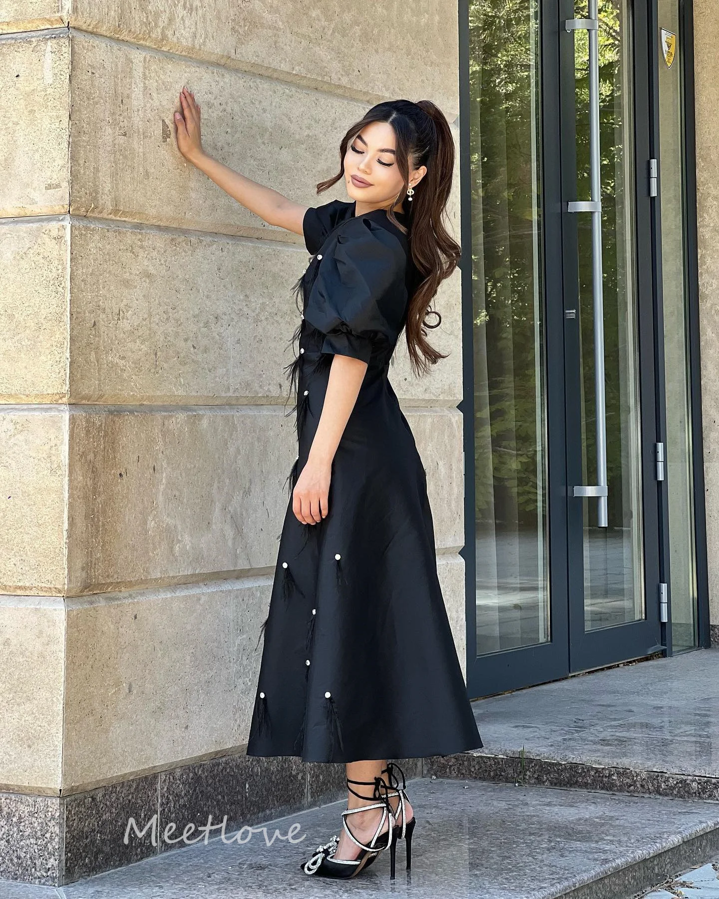 Meetlove-Vestidos De graduación con cuentas negras, vestido De noche De corte A, Vestidos De Gala para Mujer, vestido Formal De fiesta De noche hasta el tobillo