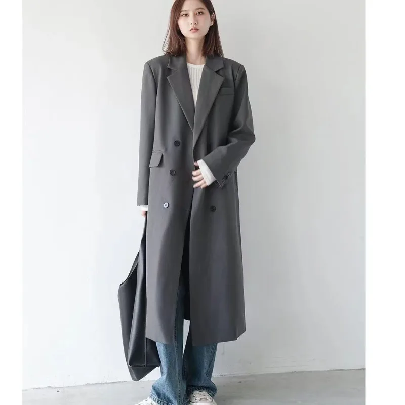 

Senior Grey Coat Longer Suits Women Single-breasted Loose Casual Windbreaker Autumn Winter Jacket Tops 2024 New Commuter Blazer