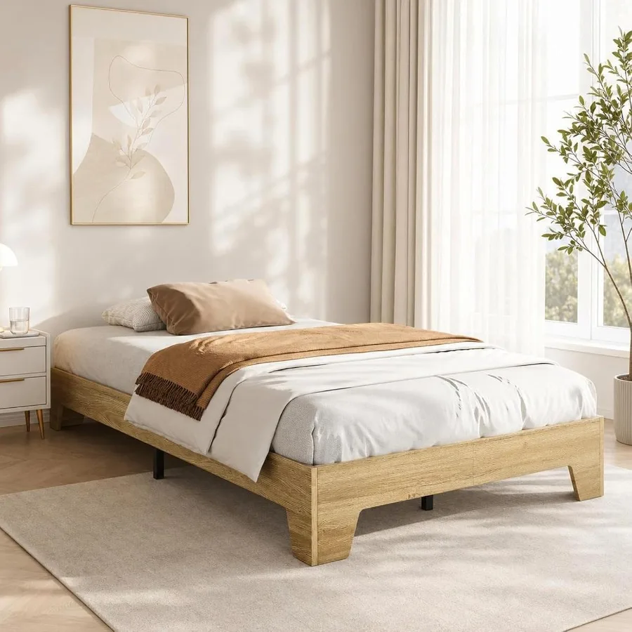 Bedroom Wood Size Platform Bed Frame in Natural Wood Color with Noise-Free Slats and Metal Support Structure, No Box Spring Nee