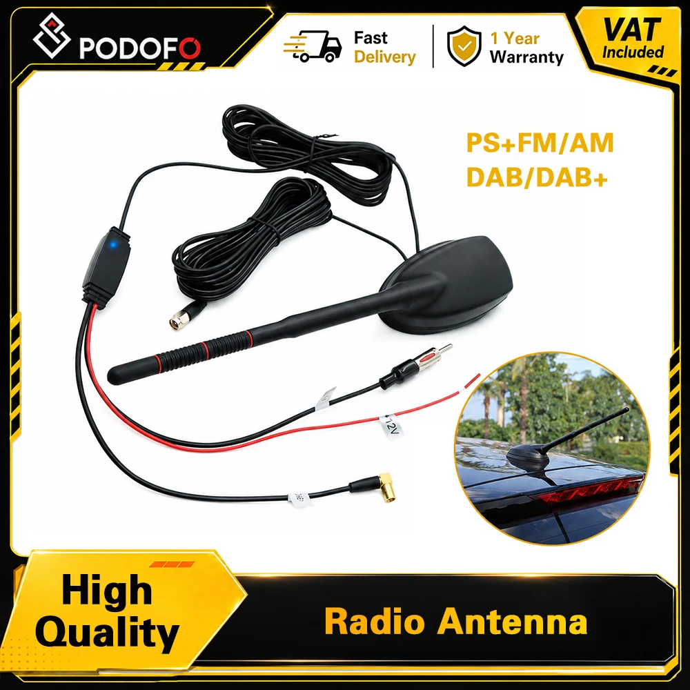 Antena samochodowa Podofo z wzmocnionym sygnałem, montowana przez otwór w dachu, kabel 5M, zintegrowany wzmacniacz sygnału GPS FM AM DAB, antena z wtyczką Din SMB SMA, uniwersalna samochodowa antena