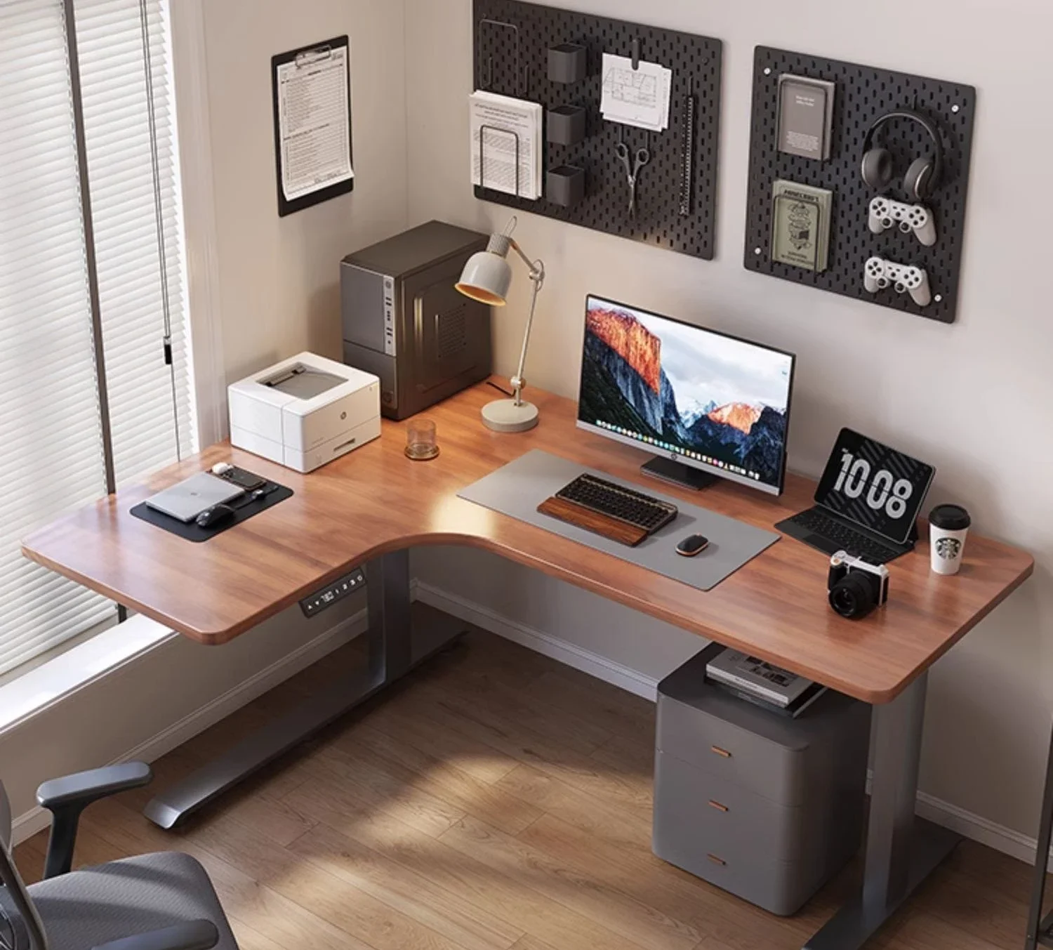 Corner electric lifting solid wood home desk study desk