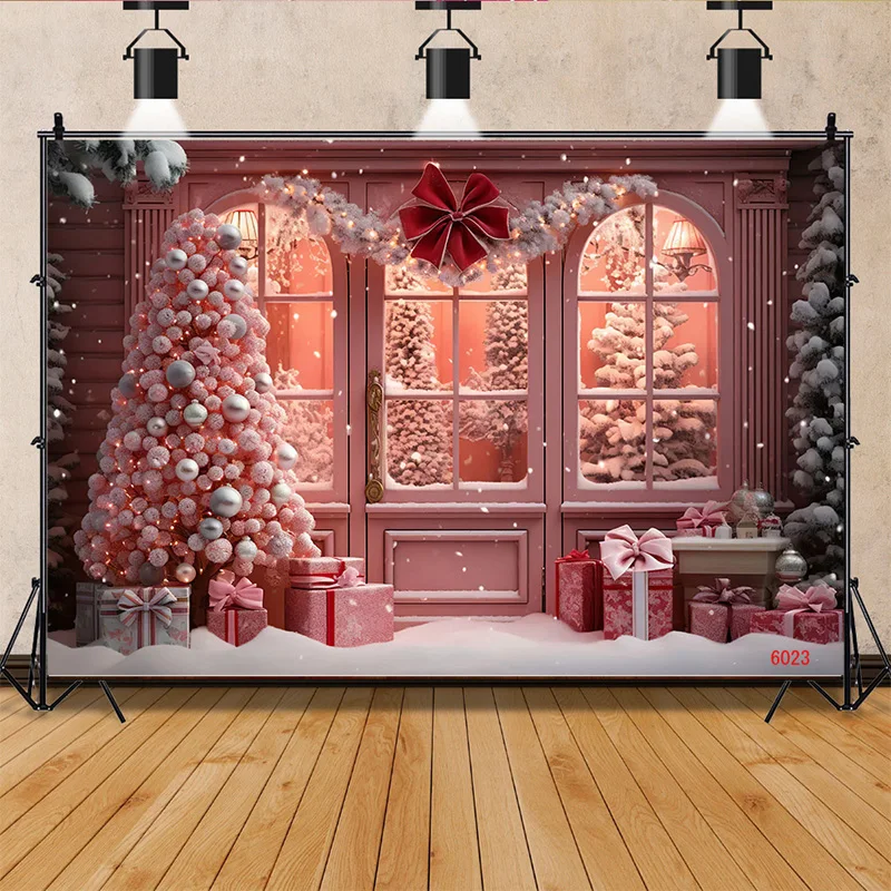 Christmas Tree Presents Flower Wreath Photography Backrops Window Snowman Pink House Door Anniversary  New Year Background VX-01