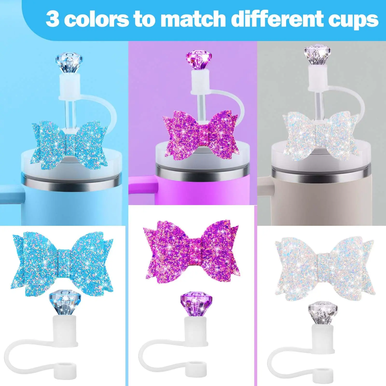 6pcs Bow Ties and Diamond Straw Topper for Stanley Cup, Straw Cover for Stanley Cup 40/30 Oz Accessories, Reusable Straw Toppers