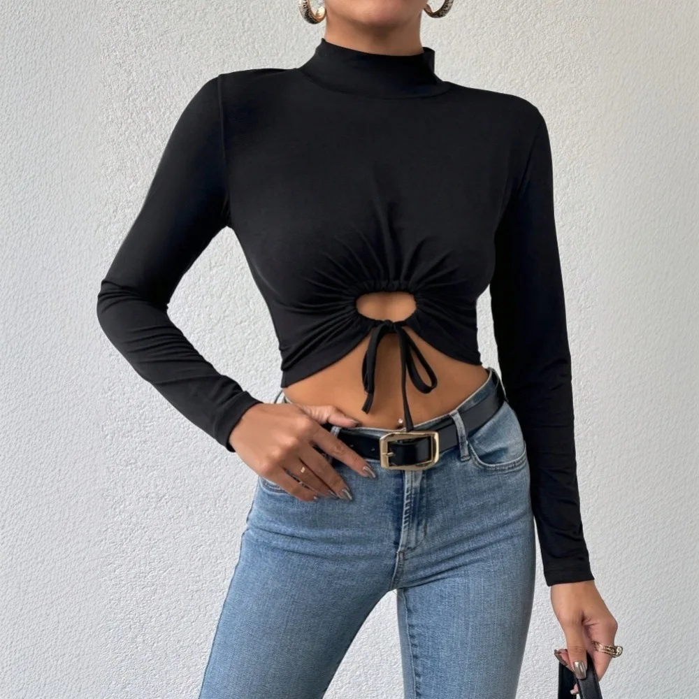 Women's new autumn and winter fashion style casual commuting T-shirt half high neck short crop top with exposed navel