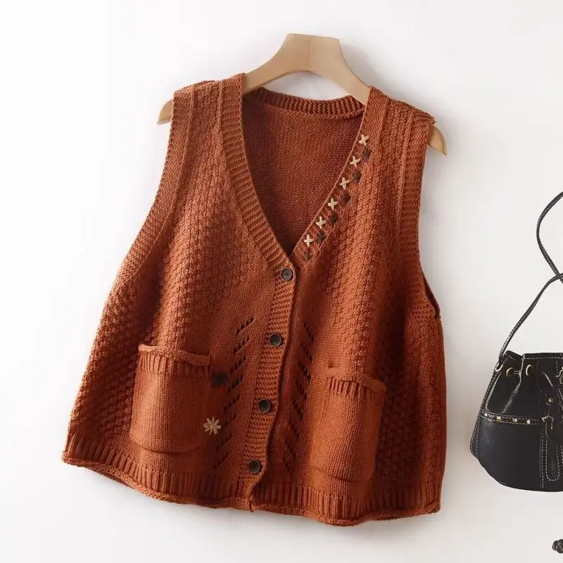 

Layered Knit Vest Women Knitted Cardigan Embroidery Coat New Spring Autumn Vintage Sweater Outerwear Literary Loose Waistcoat