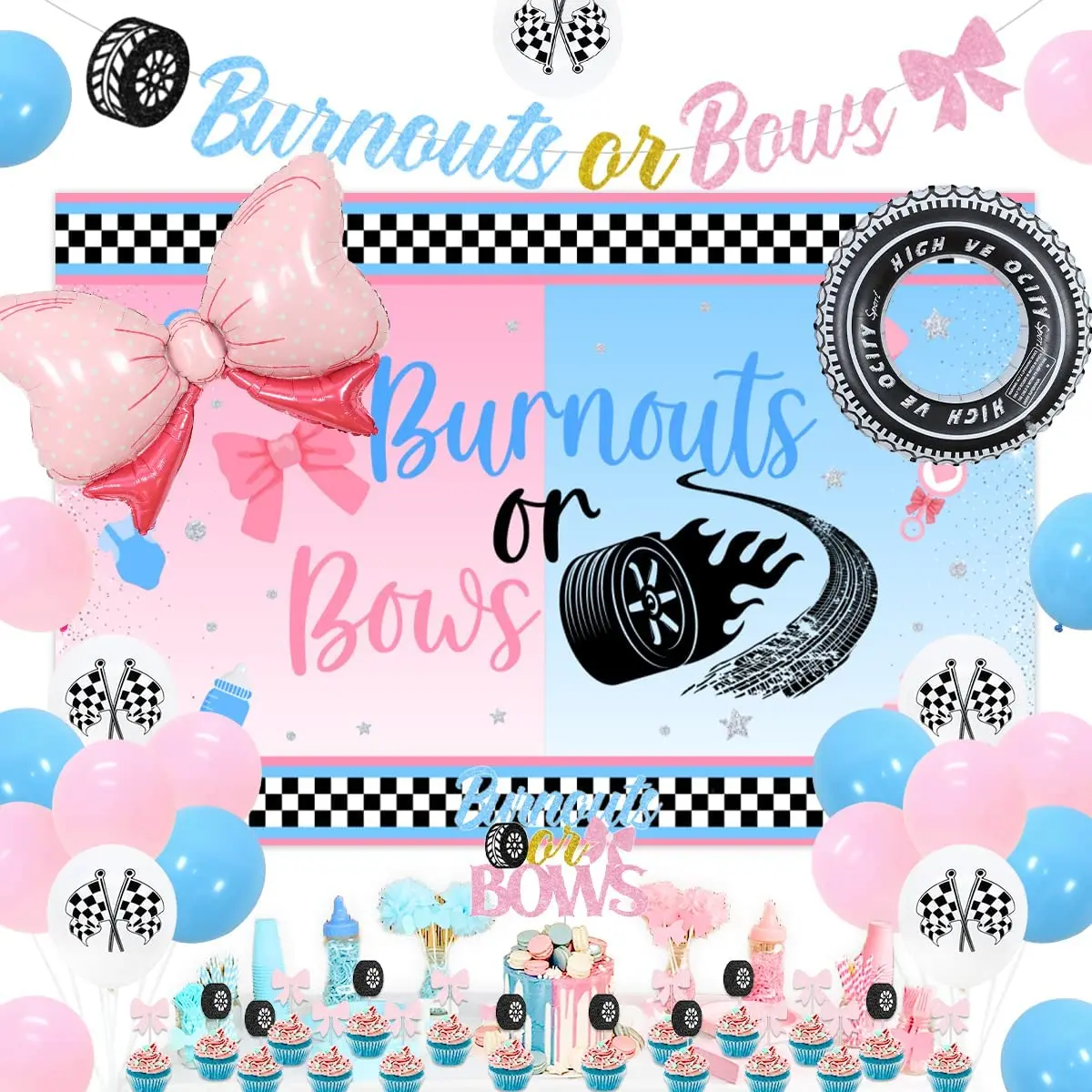 

Gender Reveal Party Decorations, Backdrop Banner, Cake Toppers, Balloons for Baby Shower, Pink and Blue, Boys or Girls