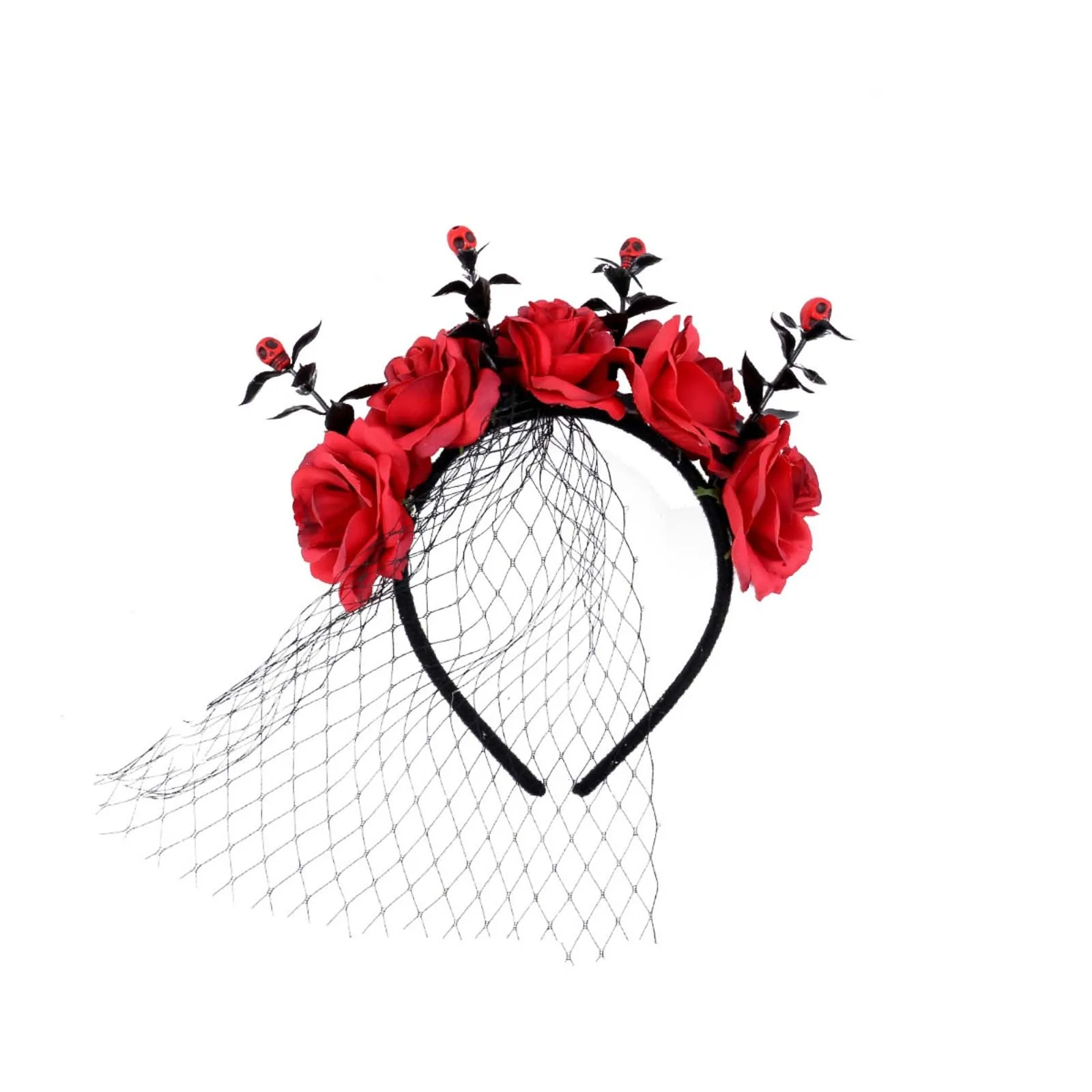 할로윈 꽃 레이스 베일 머리띠, 죽은 왕관 코스프레 헤어 후프, 여성 할로윈 코스튬 파티 액세서리