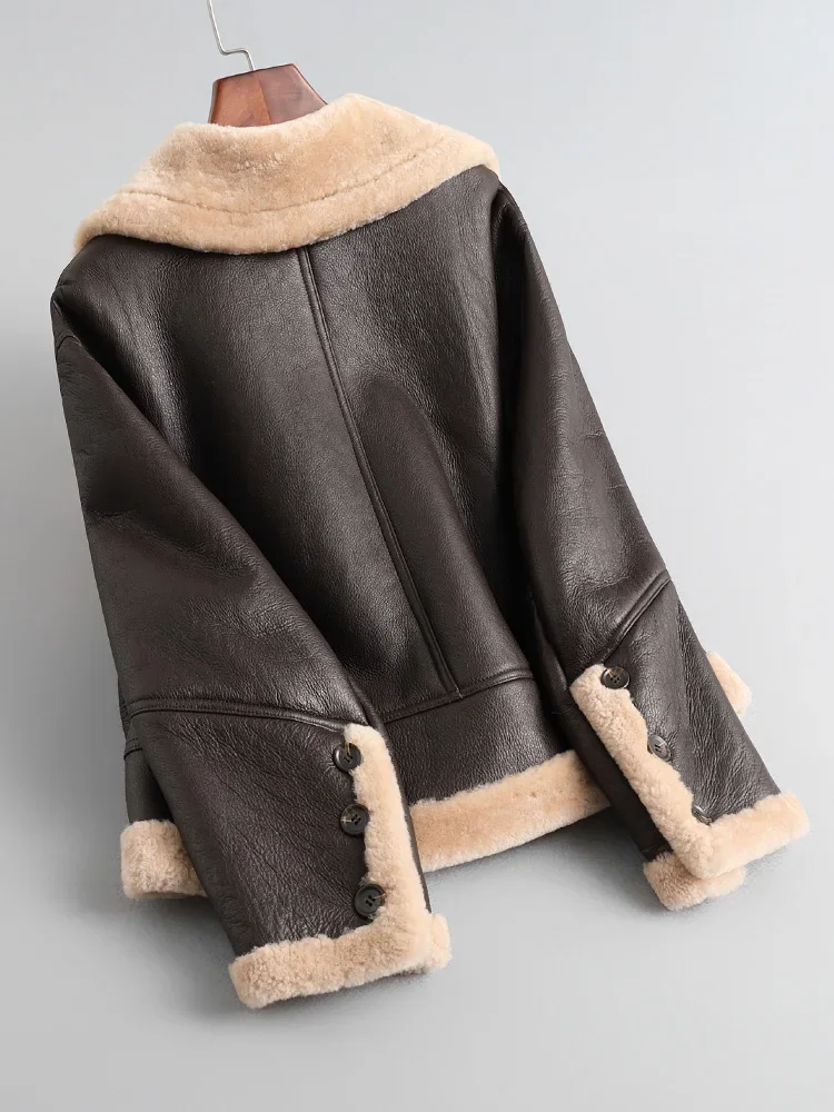 Fashionable Women Coffee Colored Leather Lapel Motorcycle Suit Fur Integrated Jacket Winter New Fur Jacket