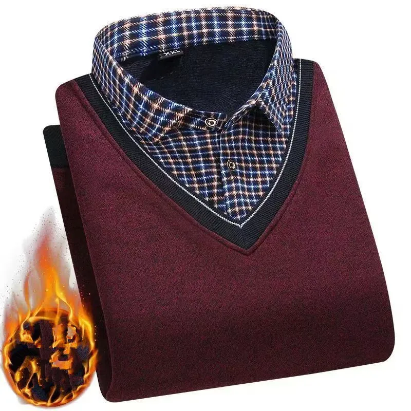 2026 Autumn/Winter Men's Thick Fleece Shirt Collared Sweater Fashion Check Solid Color Warm Hooded Shirt