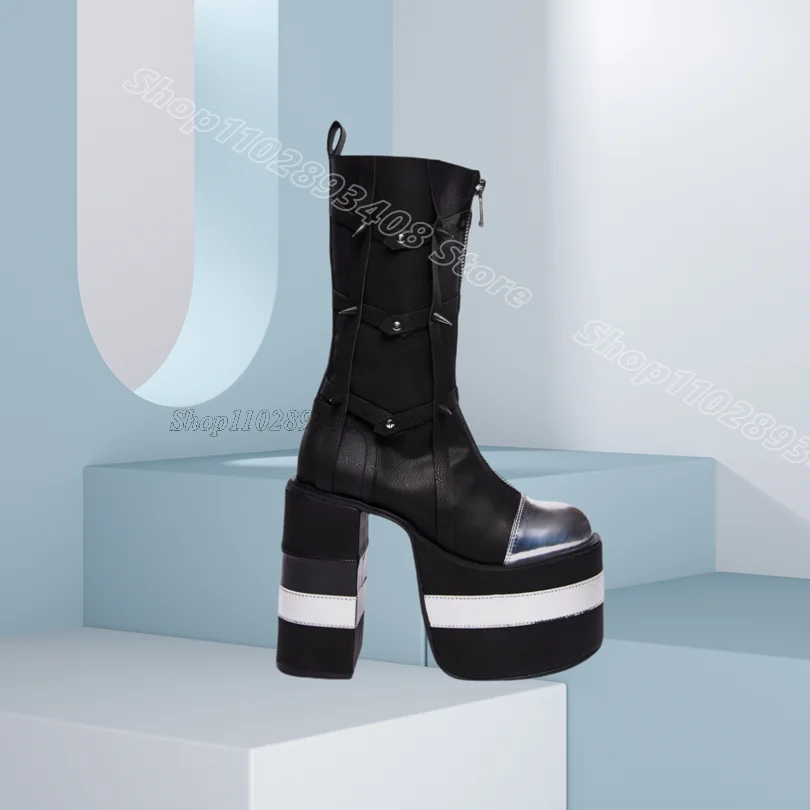 

Black Rivet Decor Splicing Short Boots Round Toe Chunky Heels Stylish Women Party Dress Short Boots 2025 Zapatos Para Mujere
