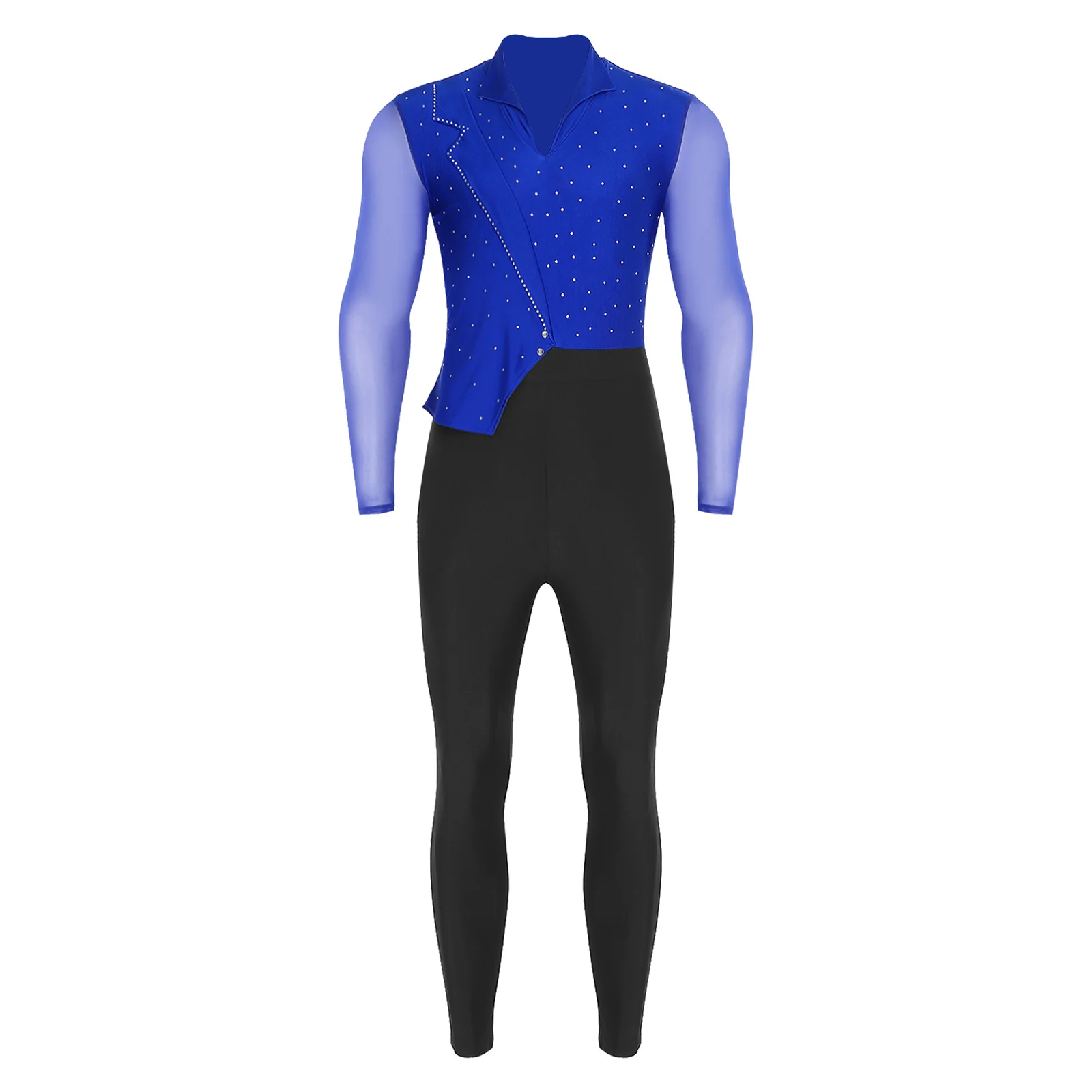 Combinaison de danse pour hommes, maille transparente, manches longues, strass, body pour patinage artistique, gymnastique, spectacle, compétition sur scène