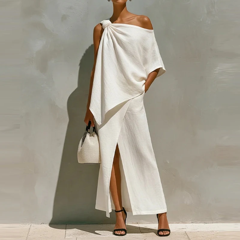

Spring Casual Solid Color 2pc Outfit for Women Sexy One-shoulder Knot Hollow Top & Slit Skirts Set Summer Sleeveless Office Suit