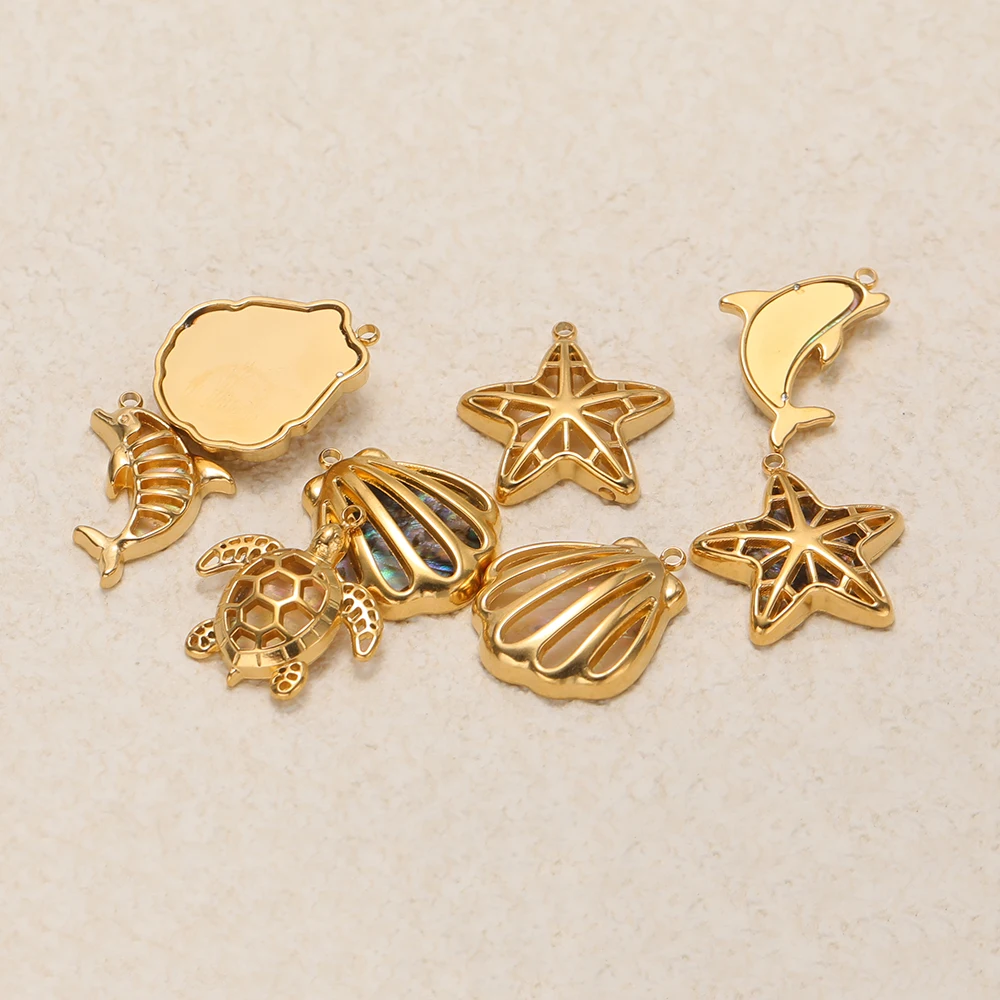3 Stück Edelstahl-Hohlschalen-Anhänger in Form von Seestern, Schildkröten, Delfinen und Oktopusen für DIY-Schmuckherstellung, Halsketten, Anhänger und Ohrringe. – Detail 5