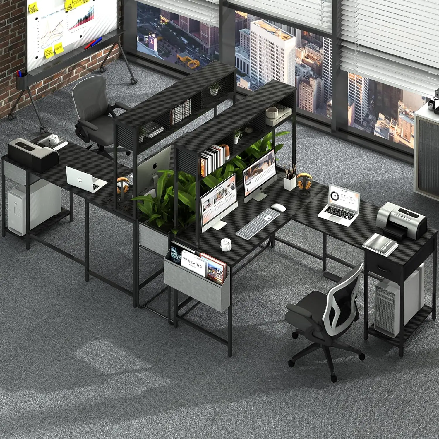 مكتب ألعاب على شكل حرف L مع شريط LED ومخرج طاقة، مكتب كمبيوتر على شكل حرف L قابل للعكس مع درج، مكتب زاوية مع مساحة تخزين