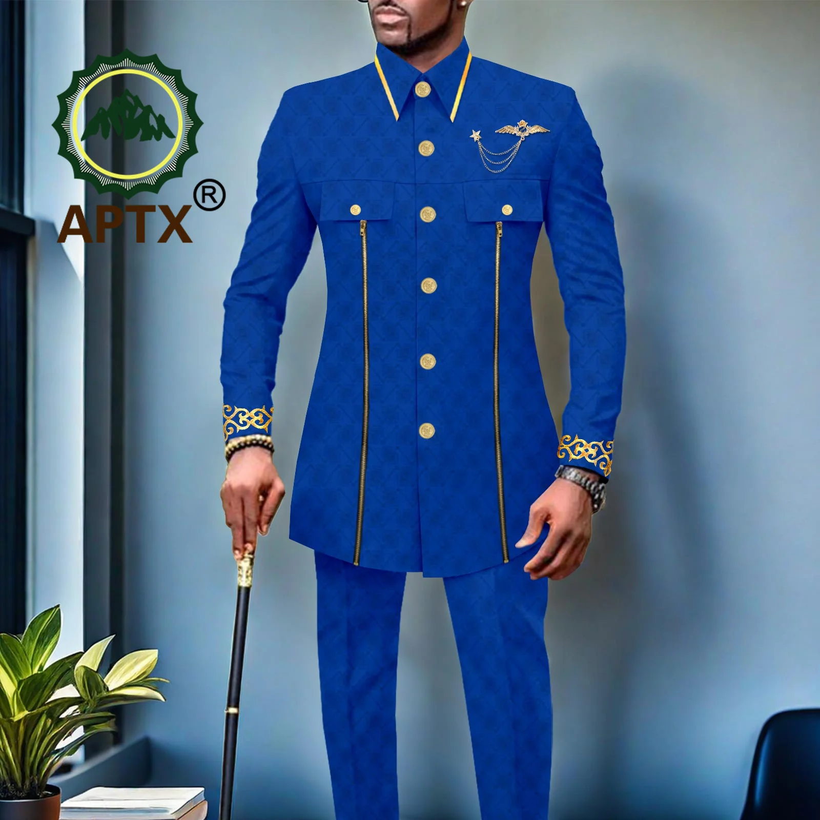 

African Men Suit for Traditional Wedding Custom Business Attire Gold Embroidery Coat Pants Set Party Bazin Riche Attire 2416079