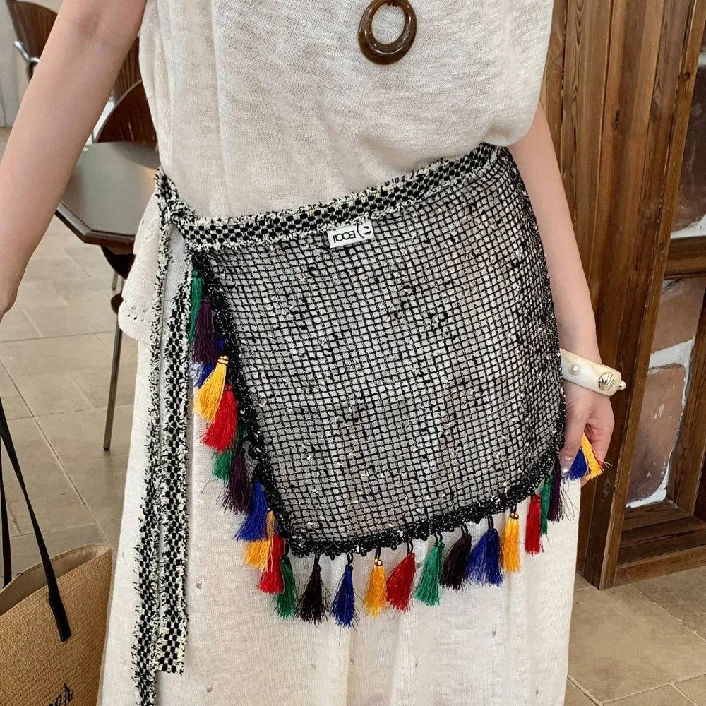 Fashion Mini Skirt Hollow Fringed Hip Panel Retro Ethnic Style Apron Wrap Skirt Versatile Decor Hip Curtain Dress Accessories