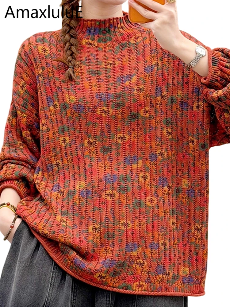 

Amax LuluE, зимняя негабаритная водолазка с цветочным принтом, пуловер, женские корейские винтажные свободные свитера 2025, женские классические джемперы для отдыха