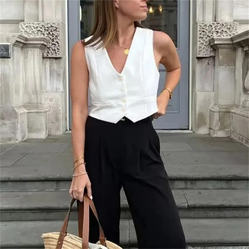 Willshela Women\'s Vest Black White Cropped Vest Top Women V Neck Sleeveless Vest Woman Fashion Working Summer Suit Vest Coats