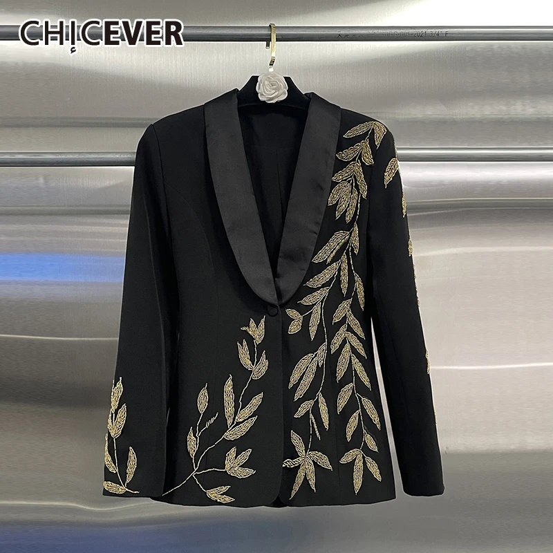 

CHICEVER Black Spliced Beading Office Jacket Female Lapel Long Sleeve Slimming Temperament Luxury Women's Jackets Autumn Fashion