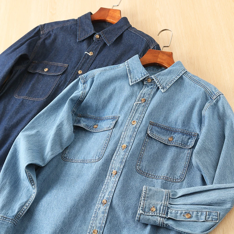 

Waed Cotton Original Pulp Loose Layering Men's Retro Denim irt American Workwear Spring Stand Fit Long Sve Collared