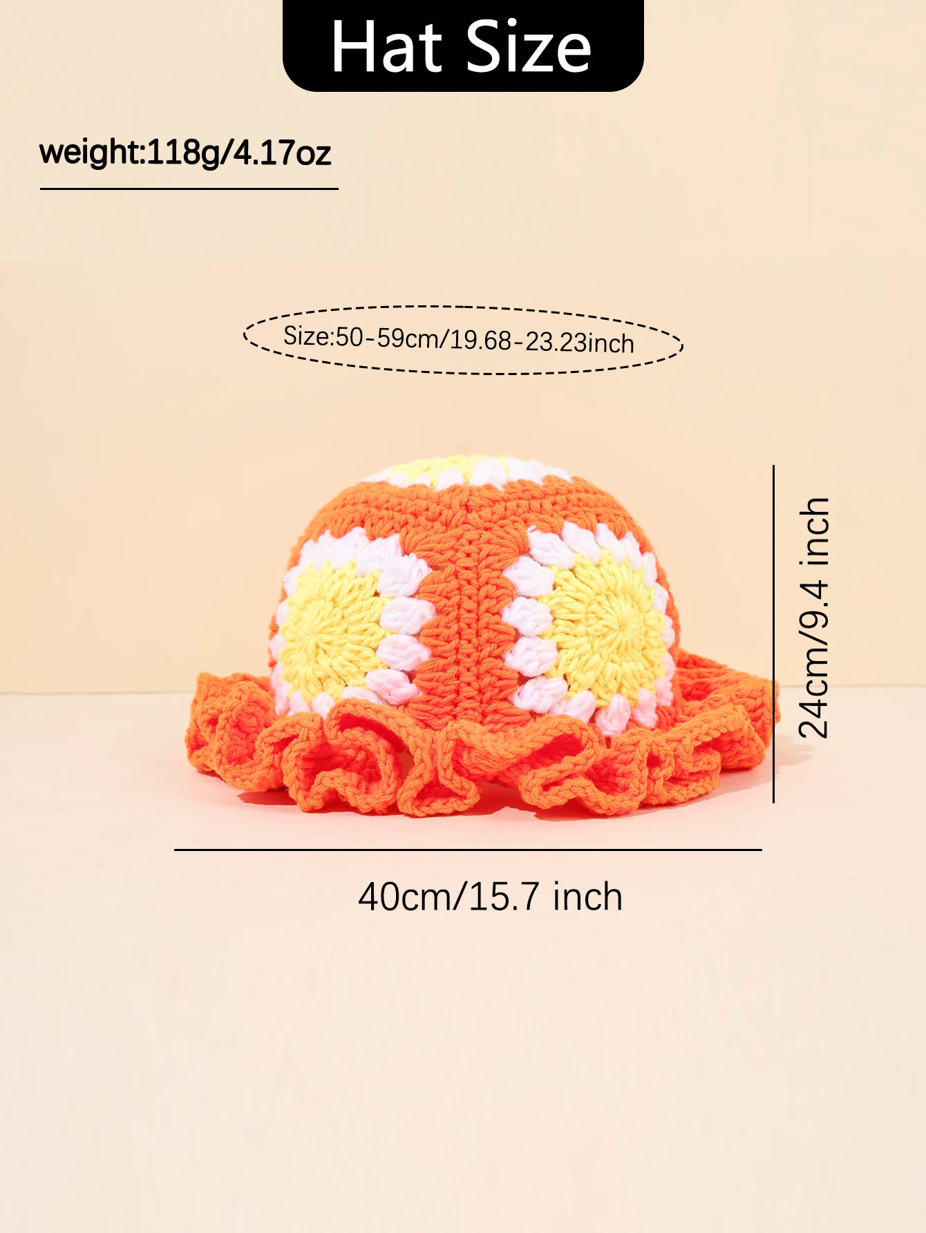 1 chapéu balde de crochê feito à mão laranja vintage com quadrados florais de avó e bordas com babados, perfeito para uso diário