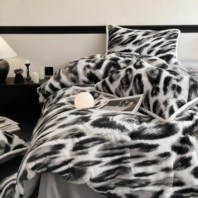 Winter Faux Rabbit Plush Stripe Bedding Set A-Class Milk Velvet Duvet Cover Fitted Sheet Pillowcase Soft Bedclothes for Adults