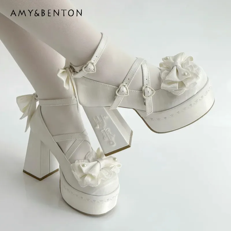 

25COSTemperament Princess High Heels Japanese Versatile Students Cute Lolita Elegant Heels Women Sweet Big Bow Platform Womens S