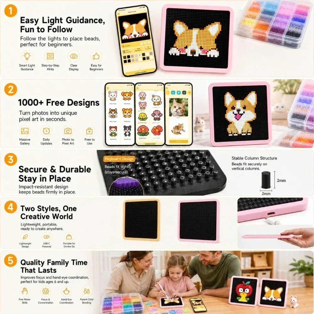 LED Smart Fuse Bead Pegboard, App Guided Pattern Light Board for Arts and Crafts, DIY Pixel Toys Birthday Gift Set view 2