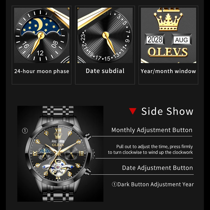 OLEVS الأصلي أزياء الرجال التلقائية الميكانيكية ووتش القمر المرحلة تاريخ الفولاذ المقاوم للصدأ للماء العلامة التجارية الأعلى توربيون الساعات #6